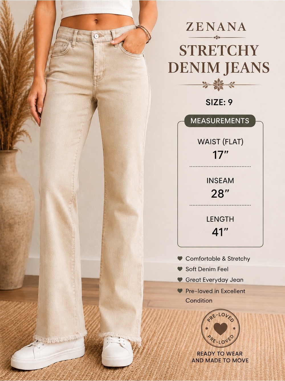 Zenana Outfitters Beige Wide Leg Stretch Denim Jeans
